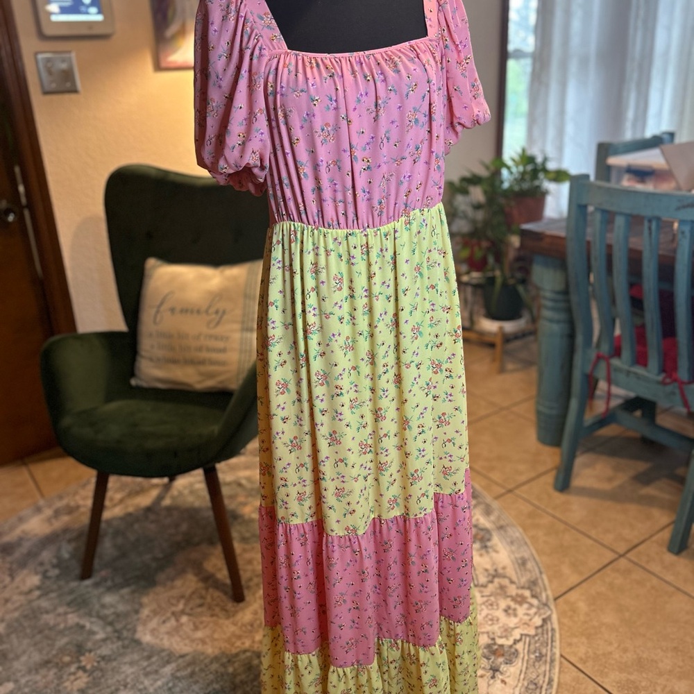 Pink and Yellow Tiered Maxi Sundress with Puff Sleeves